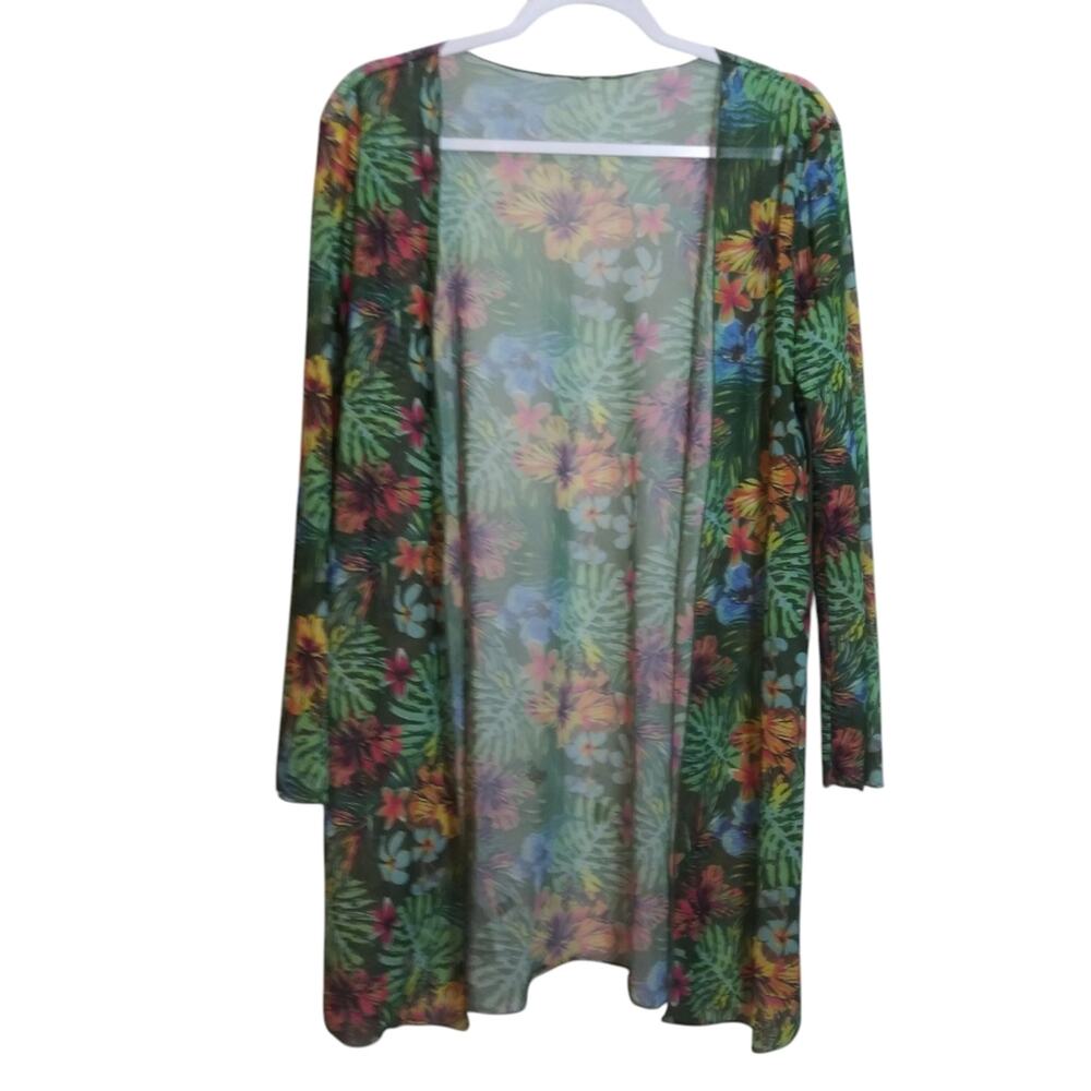 Shein Green Mesh Floral Sheer Kimono Cardigan Cover Up Long Sleeve Size M